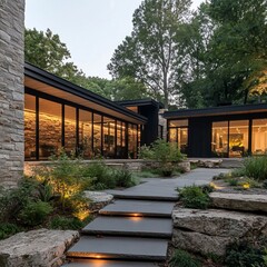 Fototapeta premium Modern House Exterior at Dusk: Stone, Glass, and Tranquil Landscaping
