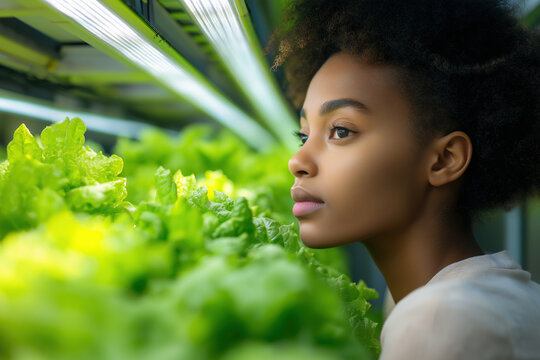 Woman observing hydroponic lettuce garden with focused attention