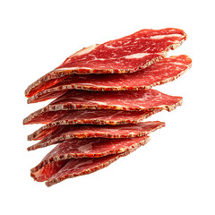 Thin slices of cured meat Capocollo isolated on white transparent background, showcasing marbled texture and vibrant red color, concept of gastronomy