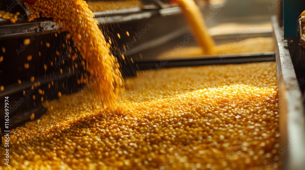 Poster Golden grains pouring onto the production line in a modern food processing facility. Automated systems utilize ai technology to streamline operations and improve quality control standards.