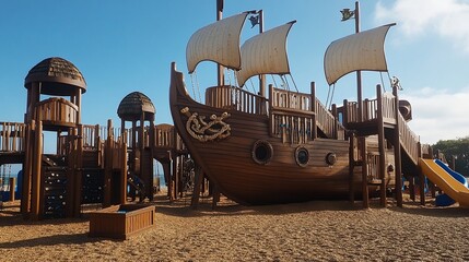 Fototapeta premium Wooden Pirate Ship Playground at Beach