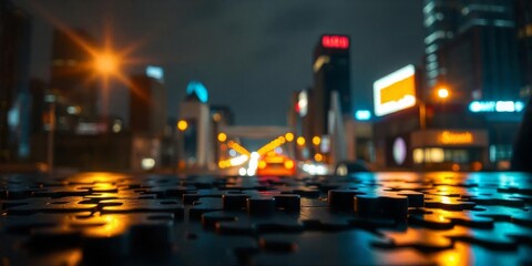 Obraz premium Puzzle pieces scattered on a city street at night with vibrant urban lights reflecting on wet pavement