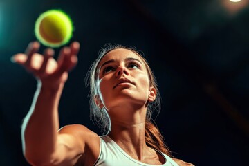 Female tennis player prepares to serve on indoor court with focus and determination during a match