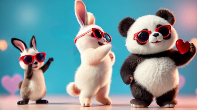 A dancing cat, bunny, and panda wearing red heart-shaped sunglasses dancing. The background features floating hearts, creating a fun, playful, and cute atmosphere