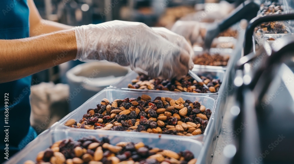 Aufkleber Workers in a food production facility carefully package mixed nuts into containers using precise tools.