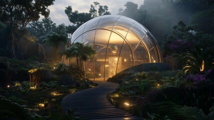 Obraz premium Transparent geodesic dome house nestled in a lush tropical garden at twilight.