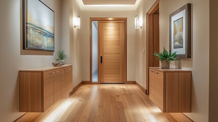 Fototapeta premium A contemporary hallway with wooden flooring, a light wood door, and clean lines