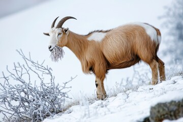 Goat grazing peacefully on a snowy hillside with frosted shrubs during winter