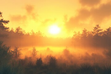 Fototapeta premium Majestic sunrise over a misty forest revealing vibrant hues of orange and yellow