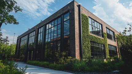 Fototapeta premium Modern brick building with green wall, spacious windows, and landscaping.