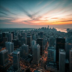 Fototapeta premium Urban cityscape featuring skyscrapers, vibrant evening lights, and a glowing sunset sky over a bustling downtown area.