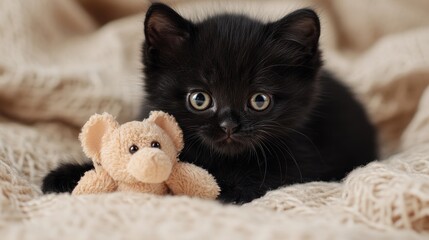Adorable Black Kitten with Big, Expressive Eyes Cuddles with a Small Toy Mouse on a Cozy Blanket