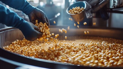 In a bustling food production facility, workers expertly mix freshly made caramel popcorn. Hands are busy pouring ingredients into a large vat, showcasing teamwork and efficiency in food preparation.