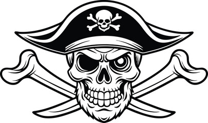 Vintage monochrome skull in pirate hat