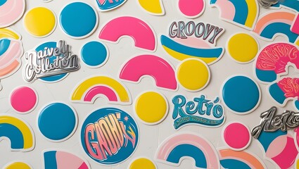 Cute and naive abstract shape sticker pack. Fun circle oval rectangle curved eye typography in trendy 90s retro cartoon style. Vector illustration with waves