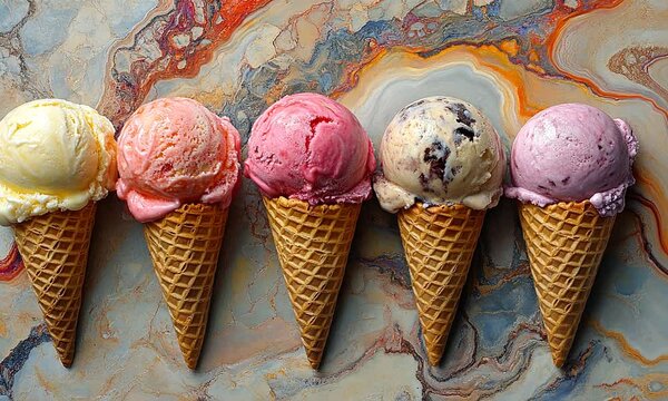 Five colorful ice cream cones arranged on a marbled surface.
