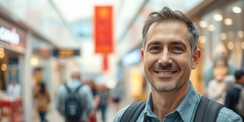 Fototapeta premium A satisfied man with a bright smile strolls through a lively shopping mall, surrounded by fellow shoppers. The atmosphere is cheerful, capturing the joy of retail therapy