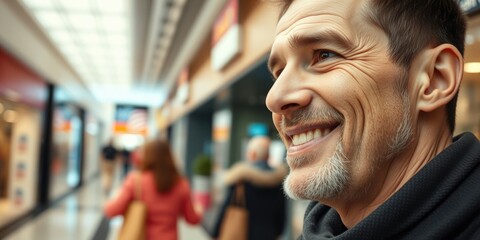 Fototapeta premium A satisfied man strolls through a lively mall, smiling as he enjoys his shopping adventure, surrounded by fellow shoppers and colorful storefronts