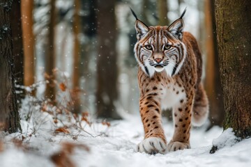 Fototapeta premium Lynx walks through snowy forest surrounded by tall trees during a cold winter day