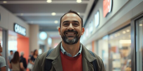Obraz premium A man walks through a lively mall, beaming with satisfaction as he enjoys a shopping experience surrounded by bustling shoppers and colorful storefronts