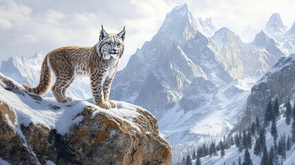 Obraz premium Majestic Lynx Perched on Snowy Mountain Peak