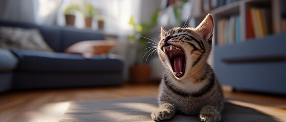 Yawning tabby kitten on floor in living room.