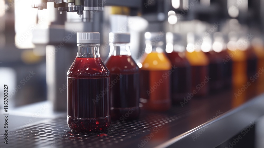 Poster Bottles filled with various colored beverages move along a production line in a factory. Advanced technology and AI are used to enhance efficiency and quality during the bottling process.