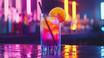A colorful cocktail with vibrant layers of orange, pink, and purple in a highball glass, garnished with a cocktail stirrer and orange slice. Set on a neon-lit bar counter, exuding a lively nightlife