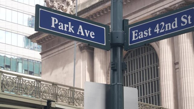 New York City Grand Central Terminal, 42 street, Park Avenue, Pershing Square architecture. Midtown district railroad hub, railway transport. NYC crossroad, East 42nd st corner, intersection road sign