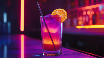 A colorful cocktail with vibrant layers of orange, pink, and purple in a highball glass, garnished with a cocktail stirrer and orange slice. Set on a neon-lit bar counter, exuding a lively nightlife