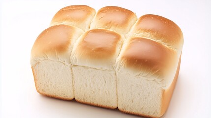Close-up of soft, fluffy bread loaf with a perfectly golden crust on a white background.