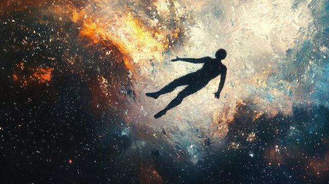 Silhouette of a person floating in a vibrant nebula.