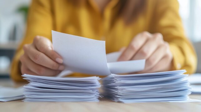 Election day energy concept, Close-up of hands counting paper ballots in an election setting.