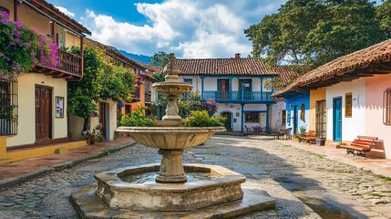 Obraz premium Colorful South American town square with fountain.