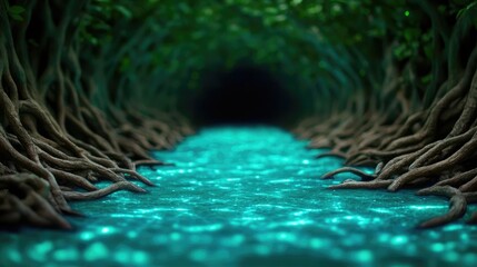 Obraz premium Mystical natural concept. A serene river flows through a vibrant forest with glowing roots and lush greenery.