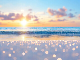 Seascape abstract beach background. blur bokeh light of calm sea and sky. Focus on sand foreground