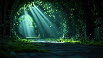 Obraz premium Mystical natural concept. A serene pathway illuminated by sunlight filtering through lush greenery.