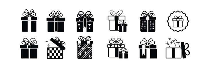  Gift boxes with ribbon icons Set. Christmas gift box vector silhouette illustration. 