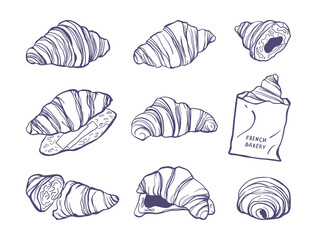 Set of hand drawn sketch style croissant. Design for bakery, menu, card, poster, packaging
