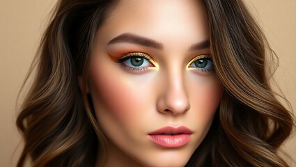 Fototapeta premium Close-up portrait of a young woman with golden makeup and wavy hair.