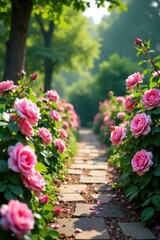 Naklejka premium Softly blooming pink roses surround a serene garden path, blossoms, roses, serene