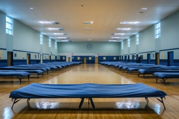 Sleeping arrangements in a large gymnasium used as an emergency shelter during a community crisis