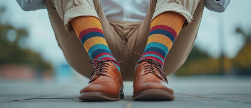 Close-up of man's colorful socks and brown shoes.