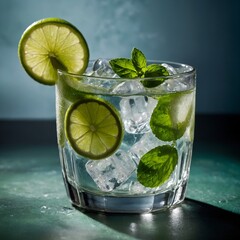 Fototapeta premium cool iced water with lemons and mint pieces in a glass, summer drink, thirsty, hot weather beverage