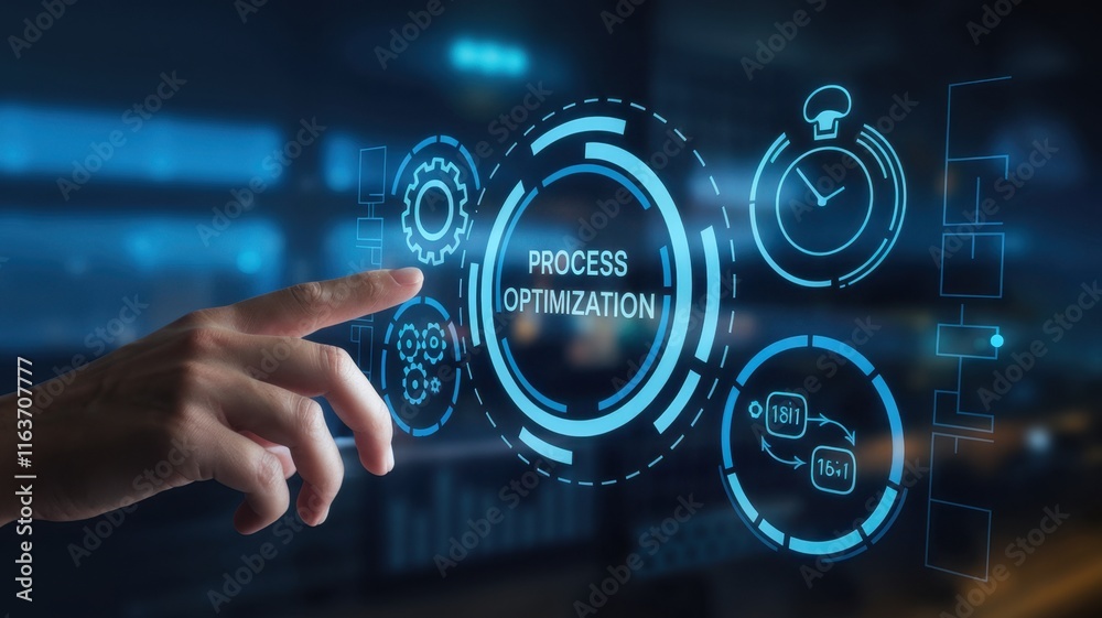 Poster A Glowing Holographic Screen Displaying Quality Assurance Standards with Interconnected Icons for Checklist Compliance, Certified Seals, and Process Control Gear Symbol