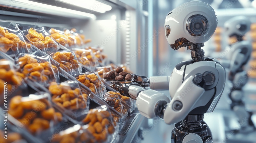 Poster Robots efficiently sort and package food items on a high-tech production line. This automated system enhances food handling and production quality in a busy facility.
