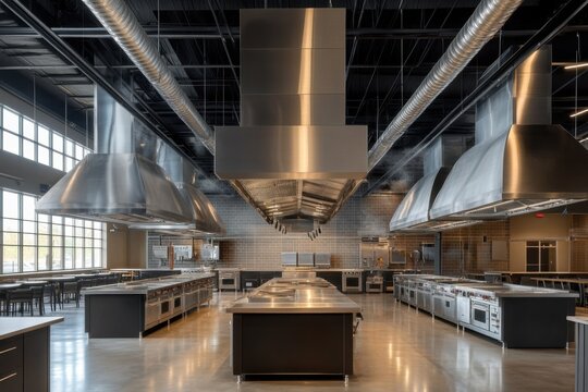 Modern culinary kitchen designed for cooking classes and culinary training at a professional facility