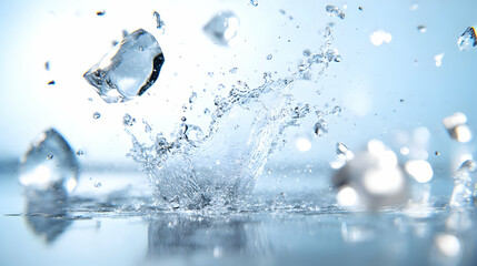 Ice cubes splashing into water, creating a refreshing crown-like splash.