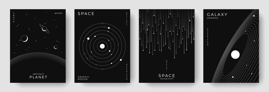 Set of abstract space astronomy backgrounds. Line art planet, galaxy, solar system, meteorite. Science future concept. Cosmic minimalist design for cover, poster, layout, banner, flyer, brochure