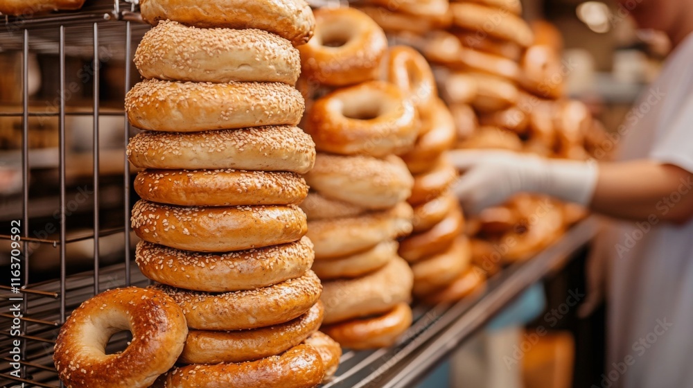Fototapete a bustling food production line features stacks of golden brown bagels topped with sesame seeds. wor